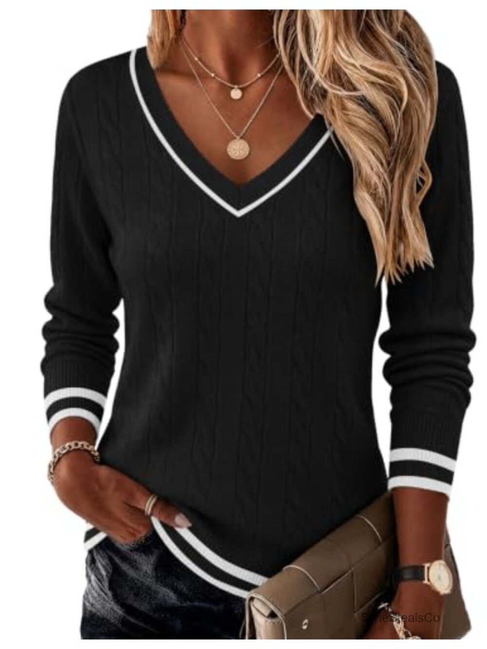 Cable Knit V Neck Long Sleeve Pullover Sweater